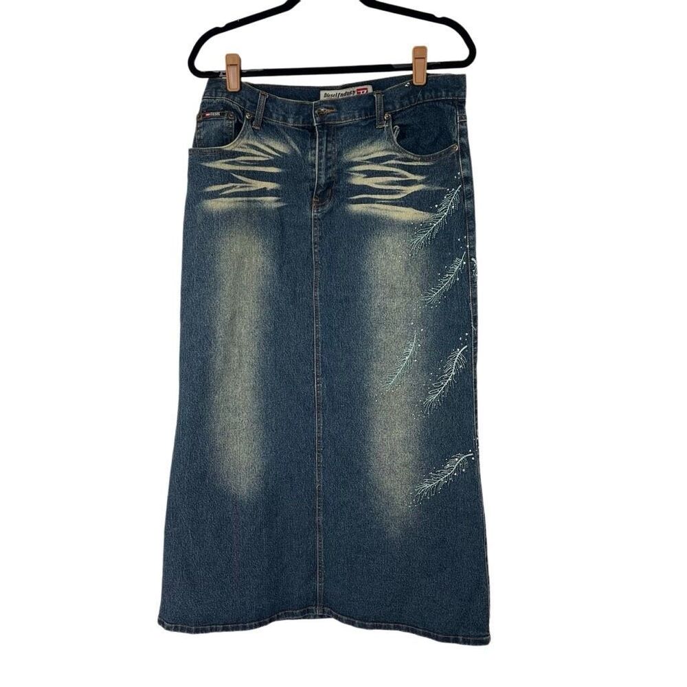 Y2K Diesel Bleached Whisker Stone Wash Peacock Feather Detail Midi Skirt Women’s